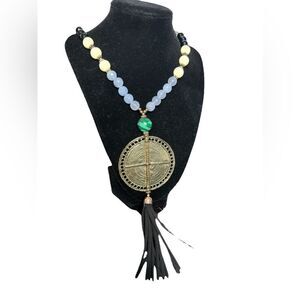 Beautiful unique  design long  brass pendant with beads And leather tassel neckl
